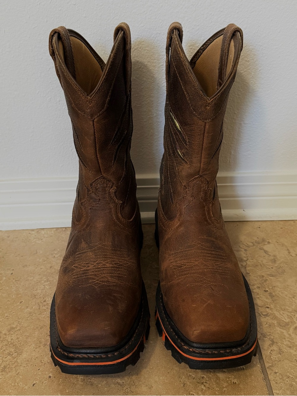 Men's Brown Western Work Boots with Orange Trim